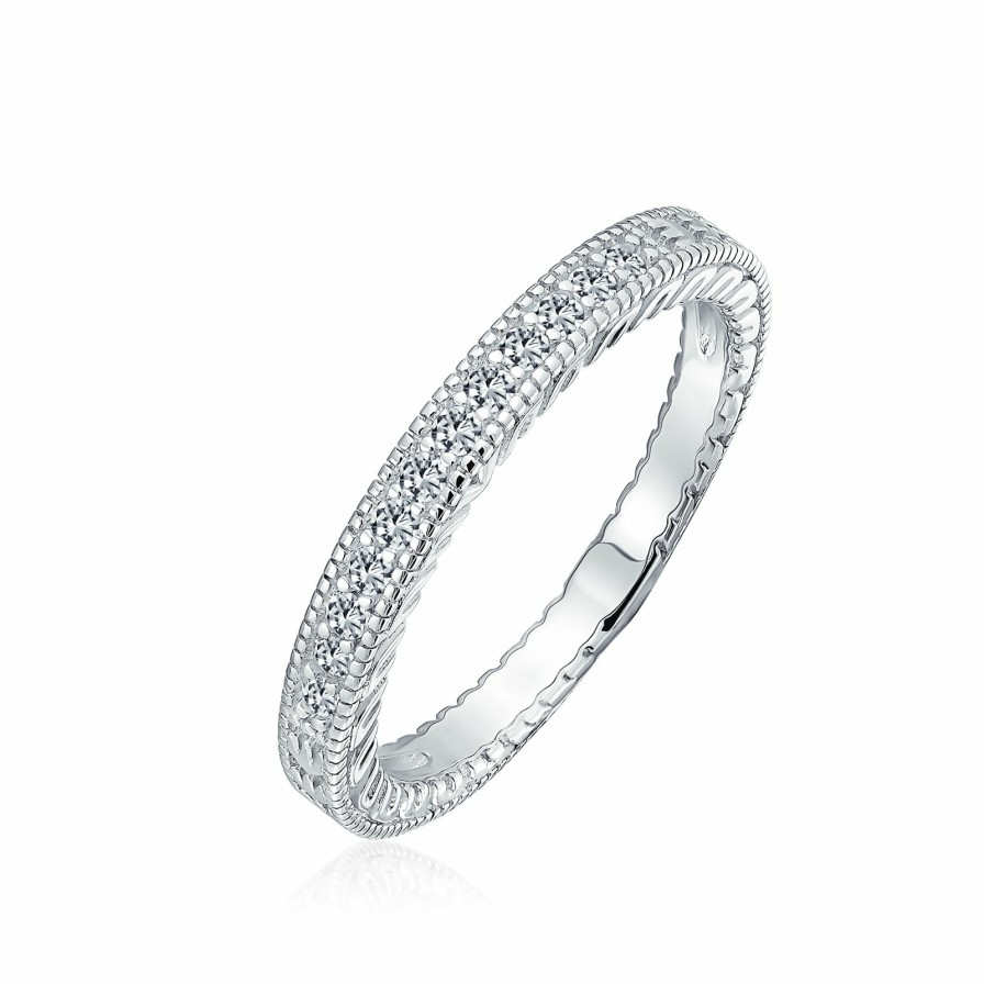 Shop Women Bling Jewelry Wedding Bands | Pave Aaa Cz Thin Wedding Band Ring Etched Milgrain .925 Sterling Silver