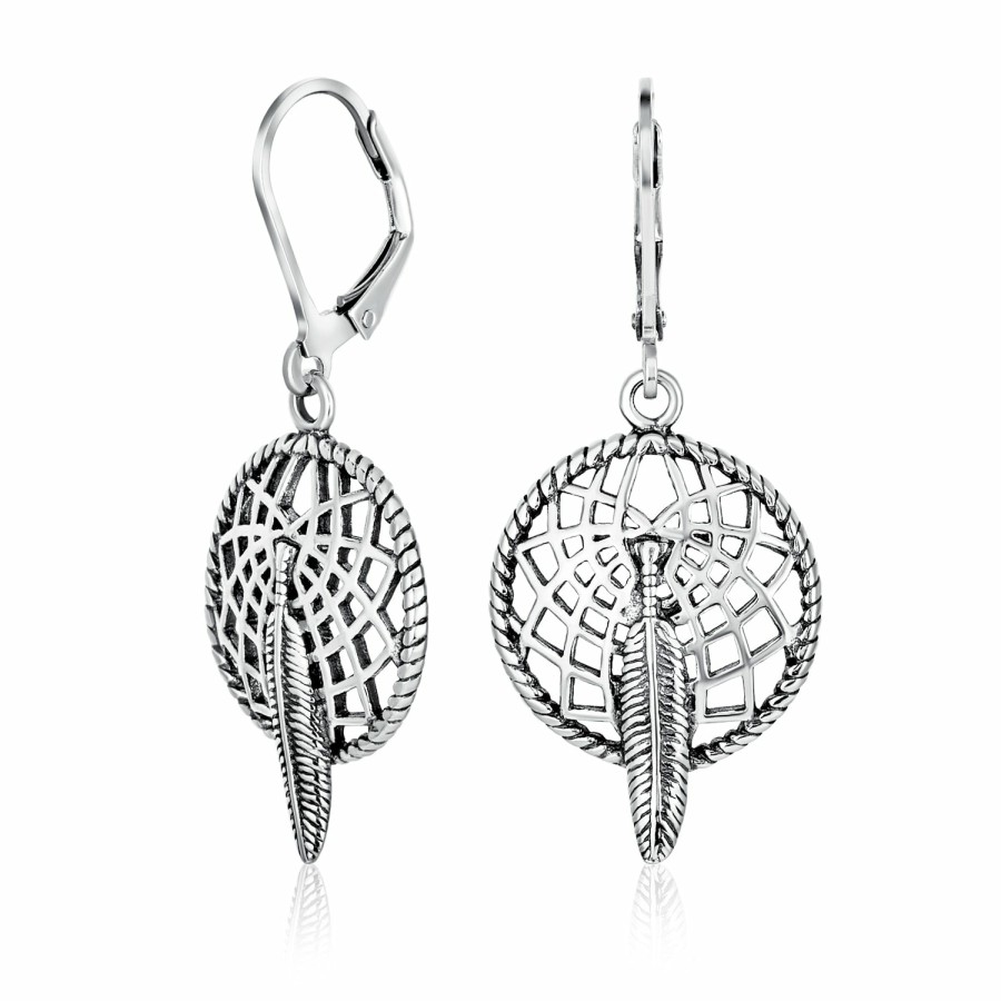 Shop Women Bling Jewelry Dangle Drop Earrings | Native American Style Feather Dream Catcher Earrings Sterling Silver