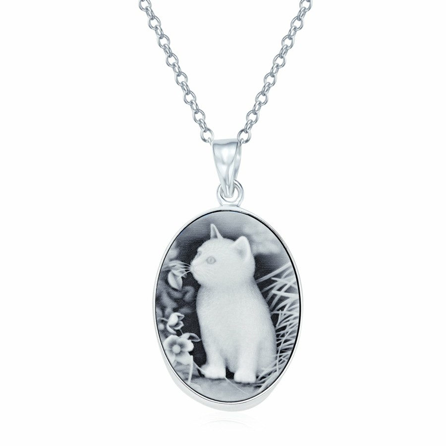 Shop Women Bling Jewelry Pendant Necklaces | Vintage Style Black Kitten Cat Cameo Necklace Sterling Silver