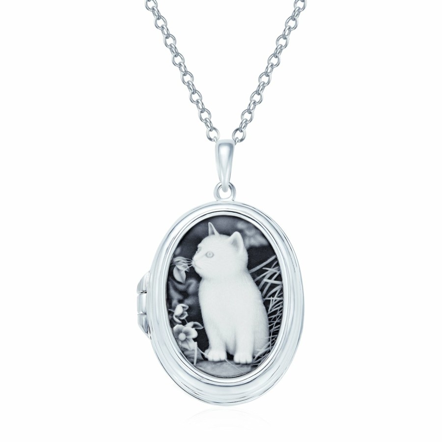 Shop Women Bling Jewelry Pendant Necklaces | Vintage Style Black Kitten Cat Cameo Necklace Sterling Silver