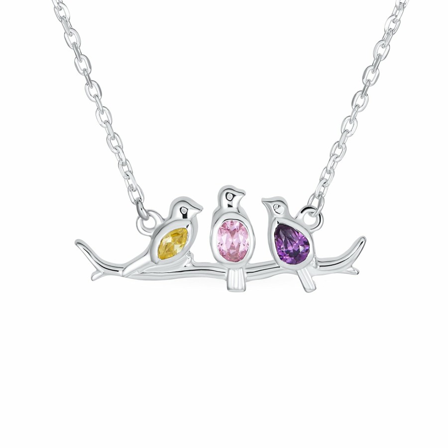 Shop Women Bling Jewelry Delicate Pendant Necklaces | Colorful Three Birds Sitting On A Branch Cz Necklace .925 Silver