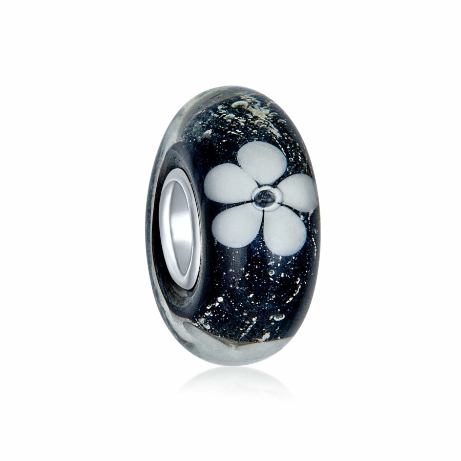 Shop Women Bling Jewelry Flower Beads | White Flower Murano Glass Spacer Bead Charm .925 Sterling Silver