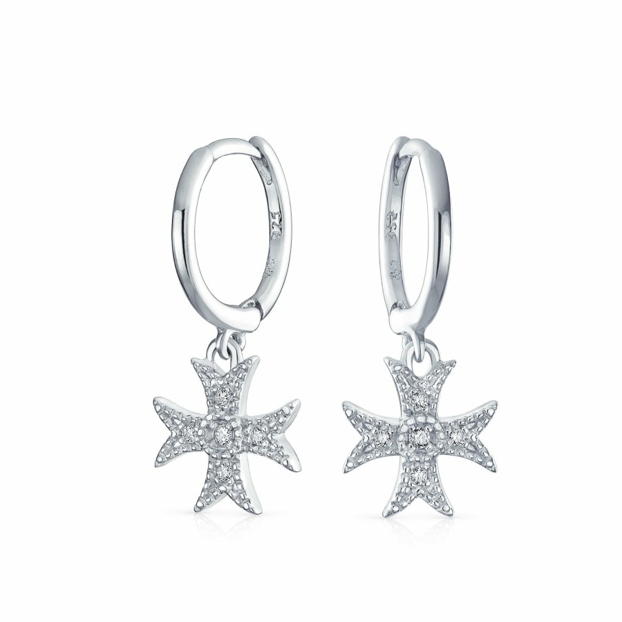 Shop Women Bling Jewelry Stud Earrings | Religious Maltese Fleur De Lis Cross Dangling Hoop Earrings Pendant