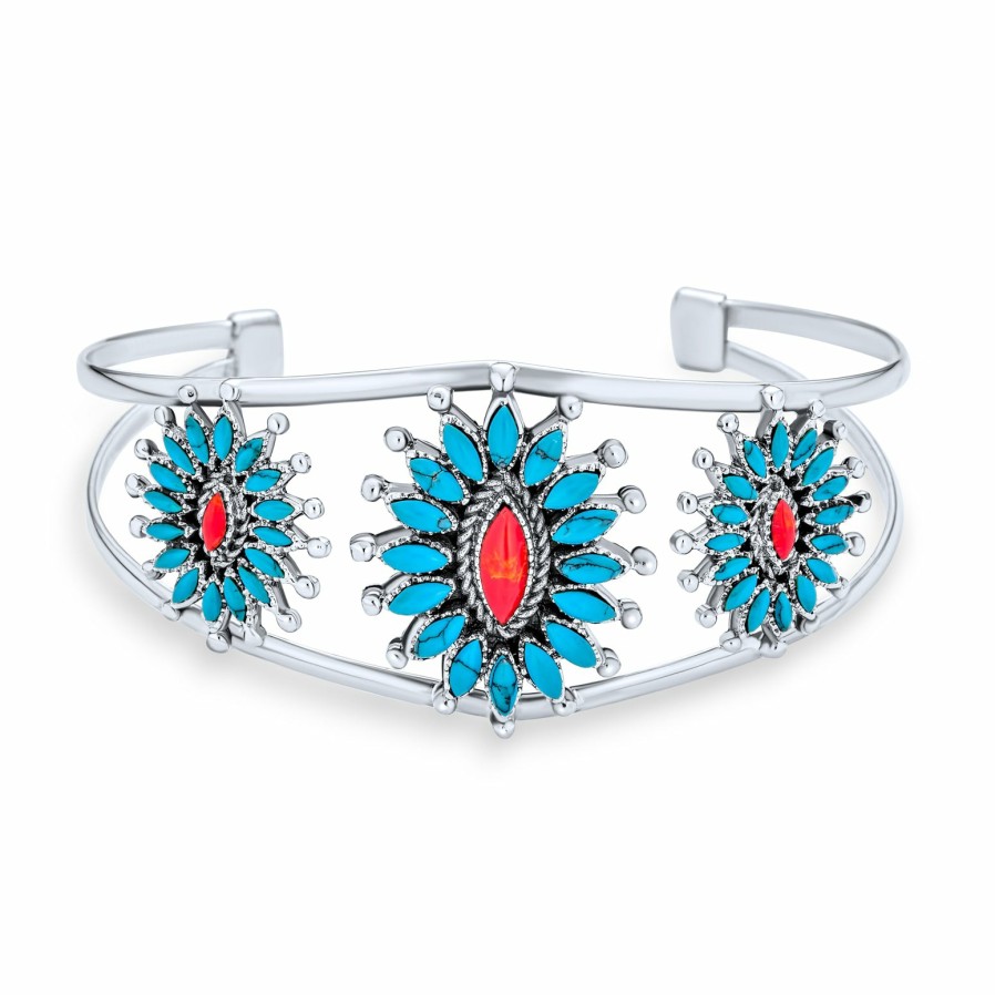 Shop Women Bling Jewelry Engravable Necklaces | Floral Cluster Native American Coral Turquoise Pendant Cuff Bracelet