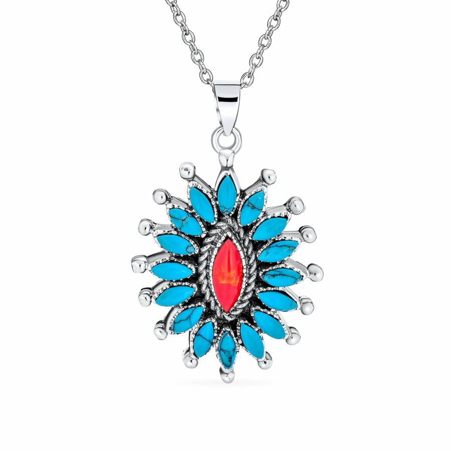 Shop Women Bling Jewelry Engravable Necklaces | Floral Cluster Native American Coral Turquoise Pendant Cuff Bracelet