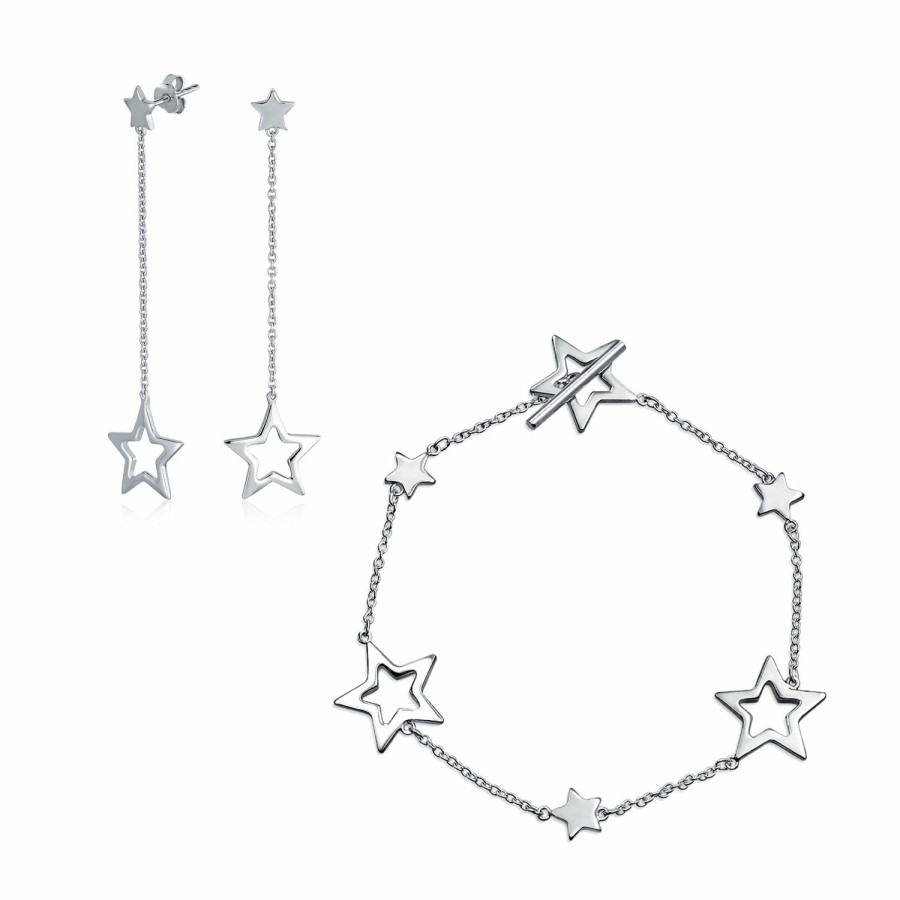 Shop Women Bling Jewelry Hoops Huggies Earrings | Celestial Patriotic Star Dangle Charm Hoop Earrings Sterling Silver