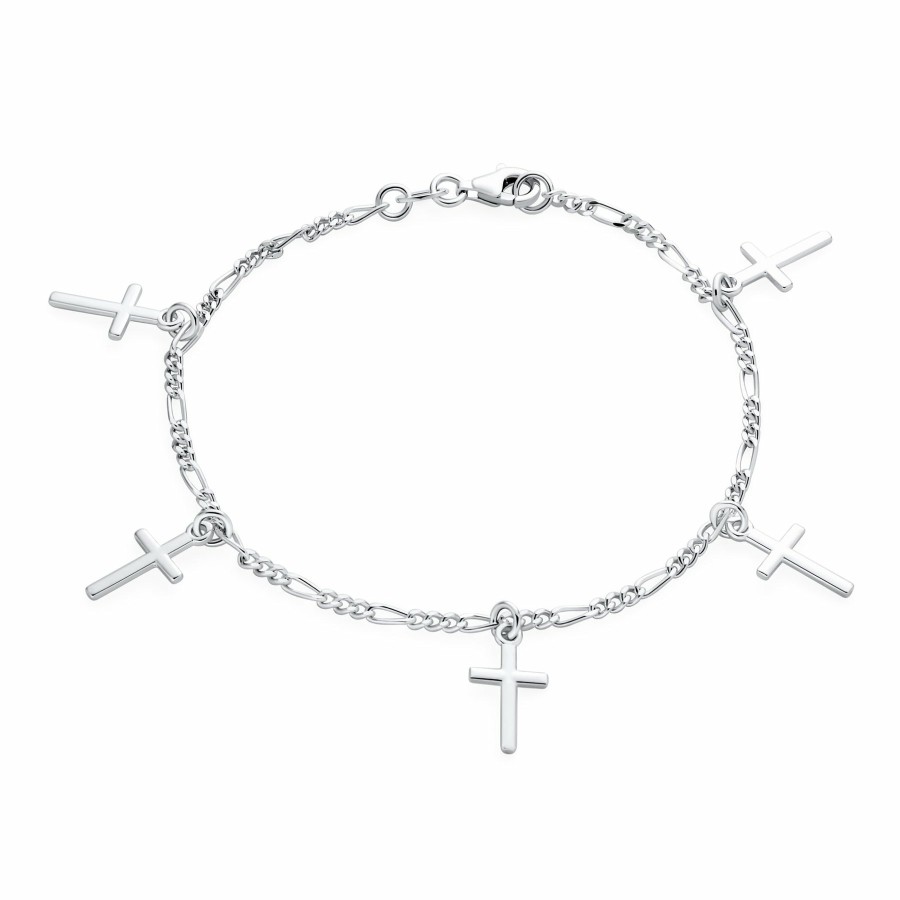 Shop Women Bling Jewelry Charm Bracelets | Religious Multi Charm Dangling Cross Bracelet Communion .925 Silver 7"