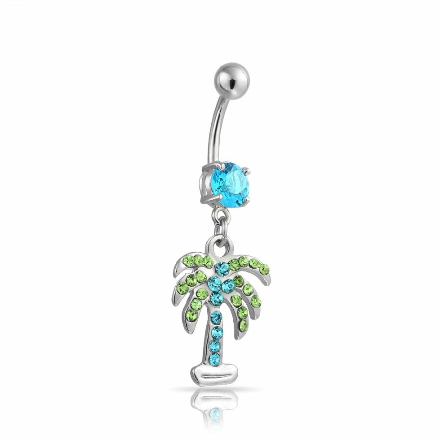 Shop Women Bling Jewelry Belly Rings | Green Blue Crystal Tree Navel Belly Ring 316L Stainless Steel 14 Gauge