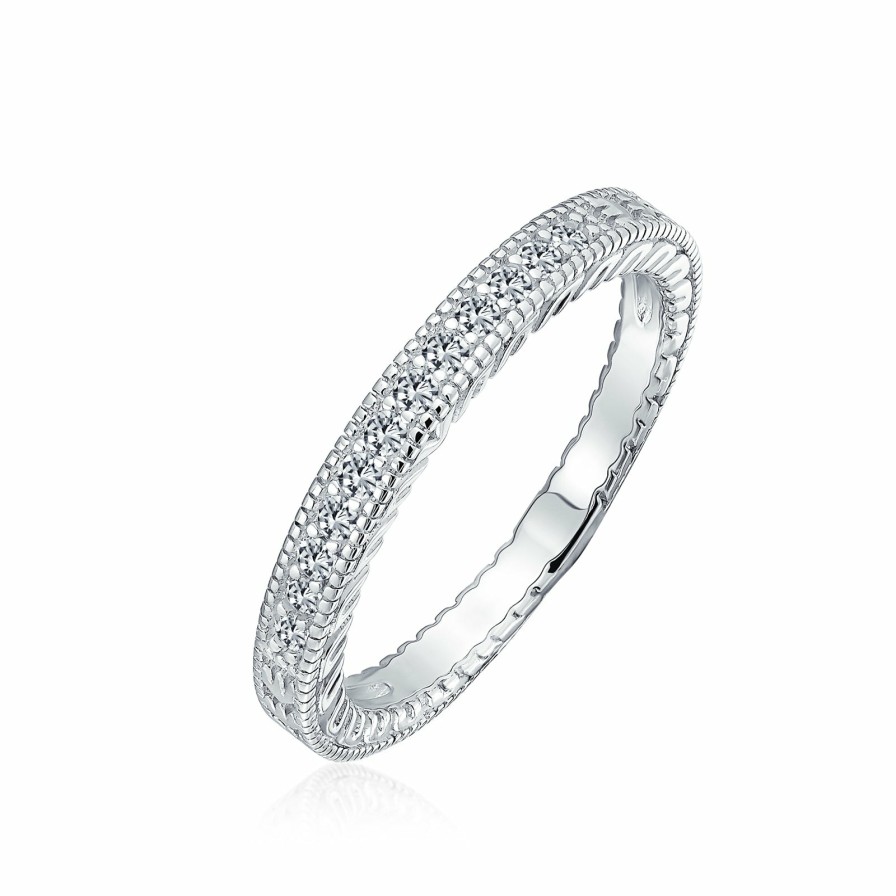 Shop Women Bling Jewelry Stacking Eternity Rings | Pave Aaa Cz Thin Wedding Band Ring Etched Milgrain .925 Sterling Silver