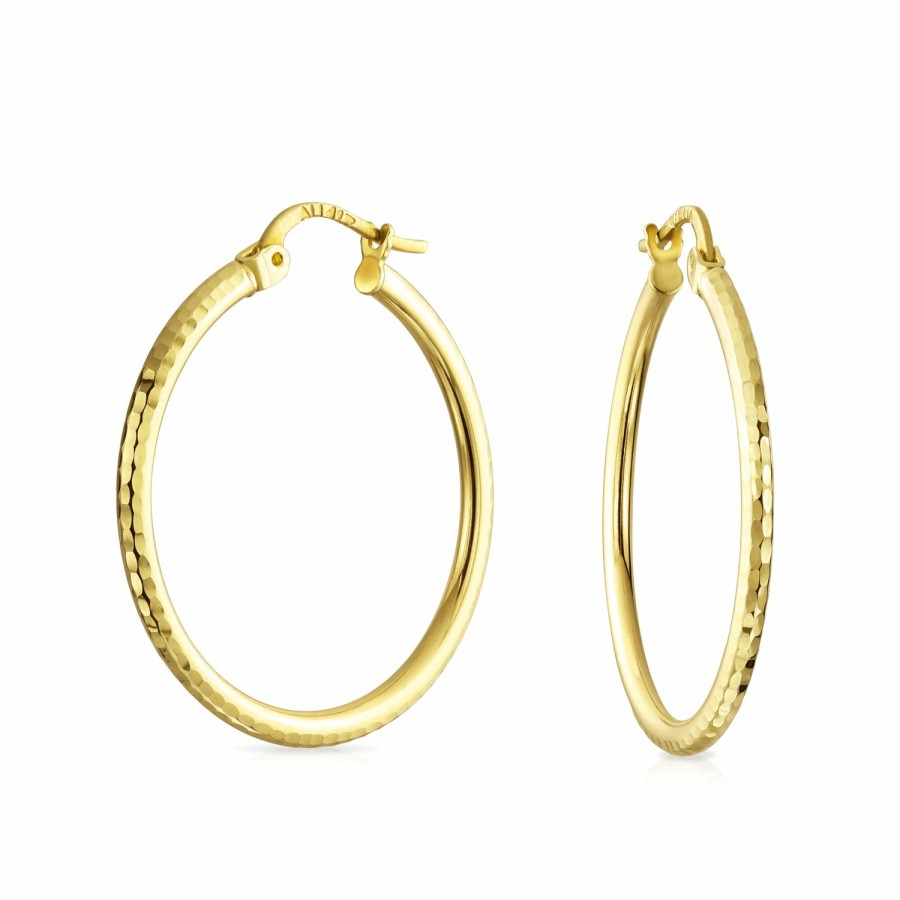 Shop Women Bling Jewelry Hoops Huggies Earrings | Simple 10K Real Yellow Gold Tube Hammer Hoop Earrings 1 Inch Diameter