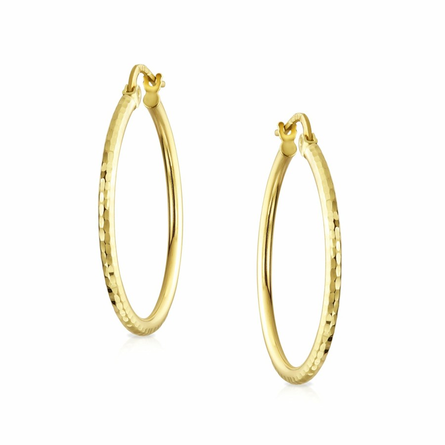 Shop Women Bling Jewelry Hoops Huggies Earrings | Simple 10K Real Yellow Gold Tube Hammer Hoop Earrings 1 Inch Diameter