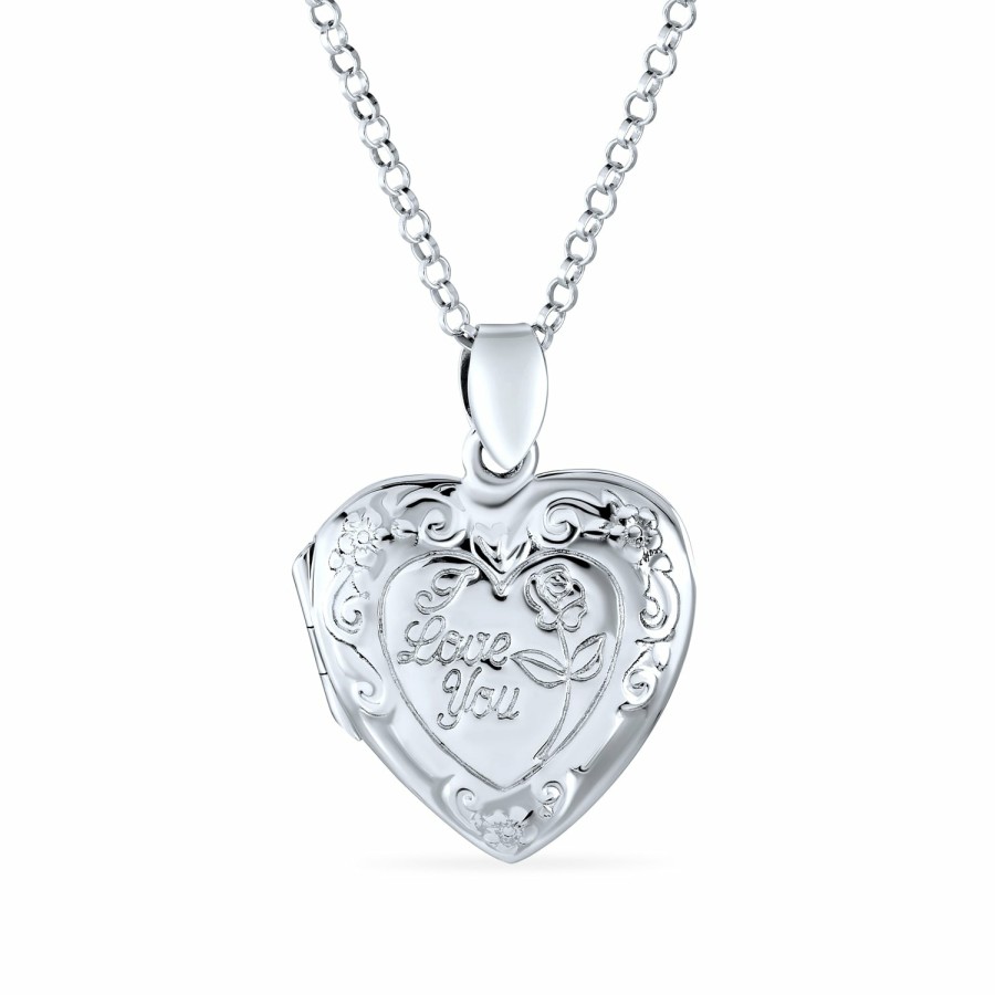 Shop Women Bling Jewelry Engravable Necklaces | I Love You Heart Locket That Holds Picture Photo Holder Pendant Silver