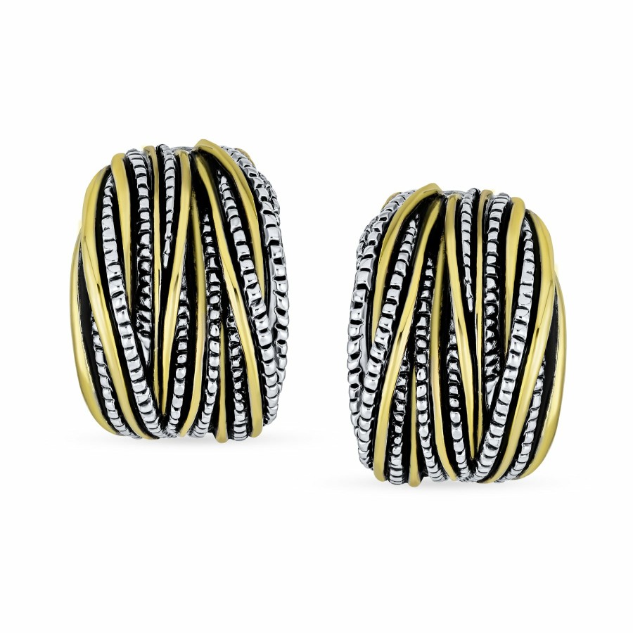 Shop Women Bling Jewelry Clip On Earrings | 2 Tone Braid Cable Dome Criss Cross Wire Clip On Earrings Silver Gold