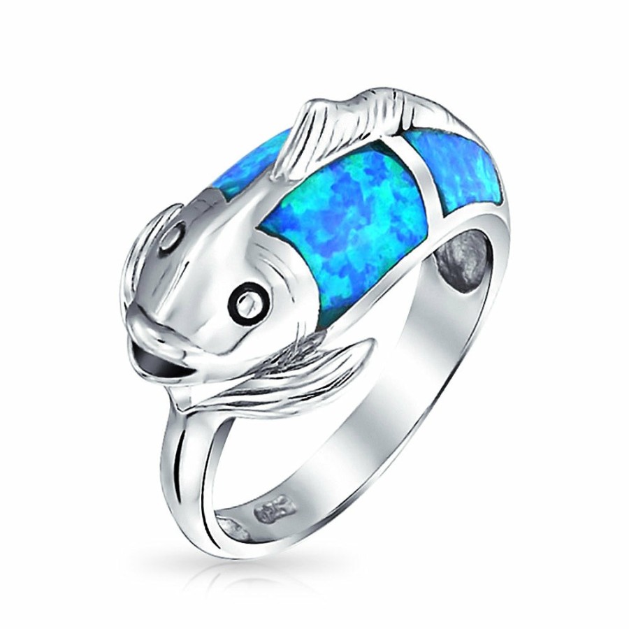 Shop Women Bling Jewelry Engravable Rings | Pisces Zodiac Blue Created Opal Bypass Fish Band Ring Sterling Silver