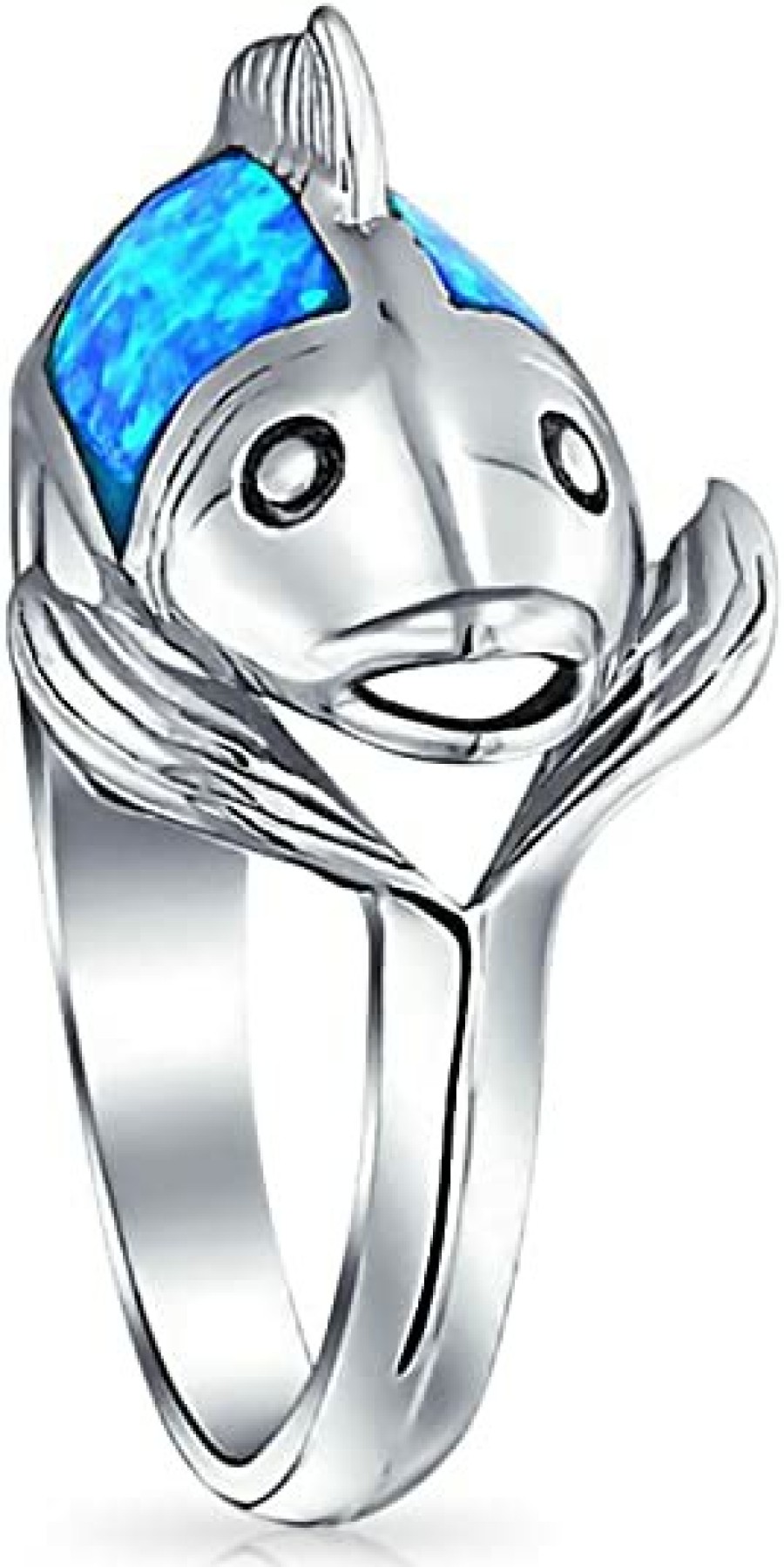 Shop Women Bling Jewelry Engravable Rings | Pisces Zodiac Blue Created Opal Bypass Fish Band Ring Sterling Silver