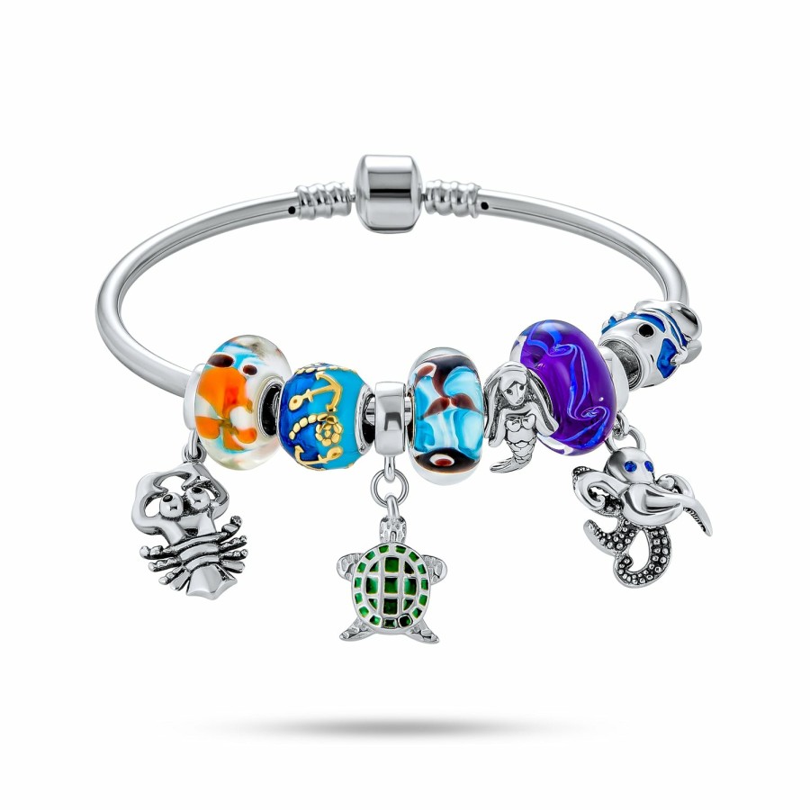 Shop Women Bling Jewelry Charm Bracelets | Tropical Beach Honeymoon Mermaid Charms Bangle Bracelet Silver