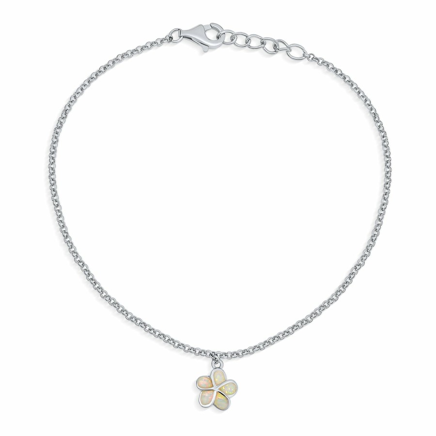 Shop Women Bling Jewelry Ankle Bracelets | Created White Opal Plumeria Flower Anklet Link Chain Sterling Silver