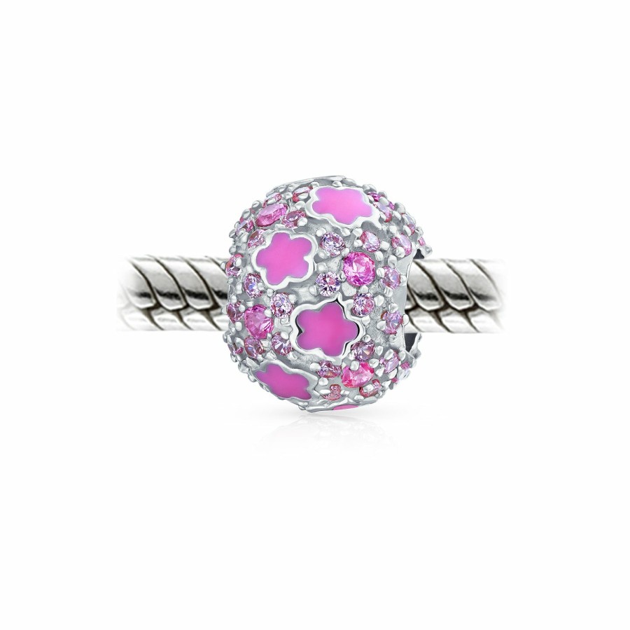 Shop Women Bling Jewelry Flower Beads | 3D Round Barrel Crystal Accent Floral Blue Flowers Charm Bead Silver Pink