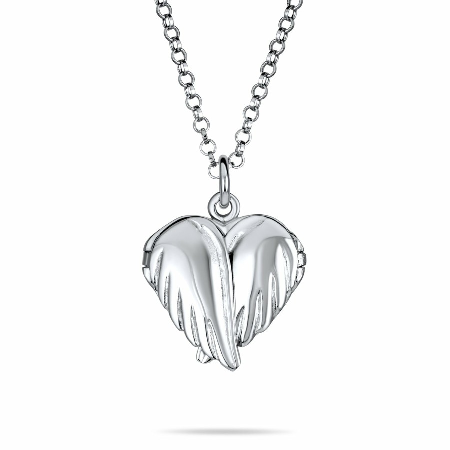 Shop Women Bling Jewelry Engravable Necklaces | Guardian Angel Wing Feather Heart Photo Locket Pendant .925 Silver