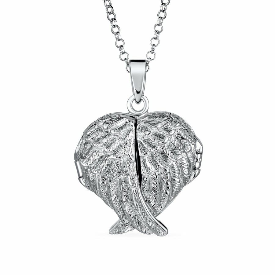 Shop Women Bling Jewelry Engravable Necklaces | Guardian Angel Wing Feather Heart Photo Locket Pendant .925 Silver