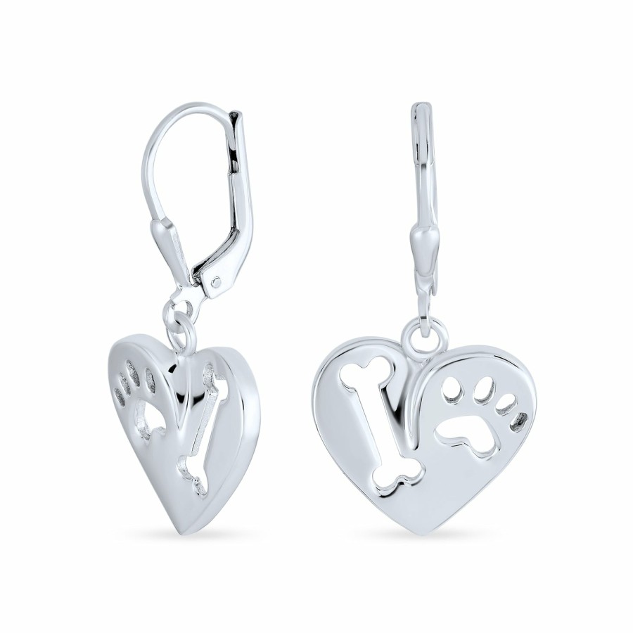 Shop Women Bling Jewelry Dangle Drop Earrings | I Love My Dog Heart Puppy Paw Print Drop Earrings .925 Sterling