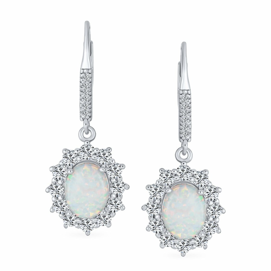 Shop Women Bling Jewelry Dangle Drop Earrings | White Opal Halo Aaa Cz Oval Drop Earrings Lever Back .925 Silver