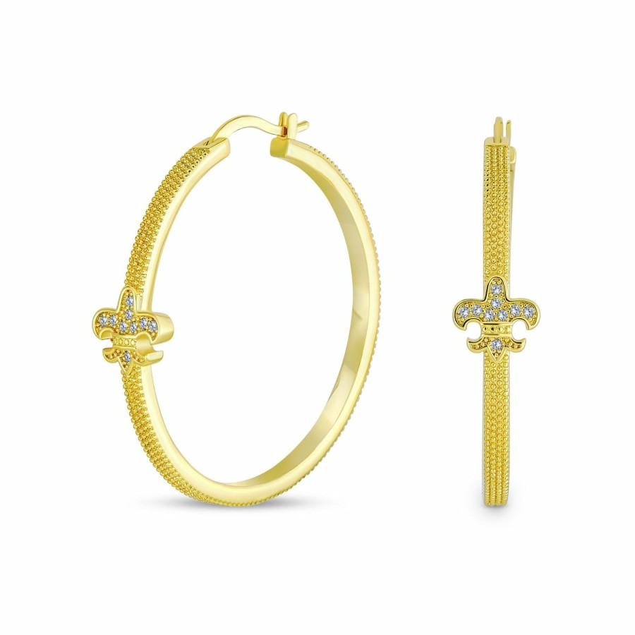 Shop Women Bling Jewelry Hoops Huggies Earrings | Fleur De Lis Textured Hoop Earrings Pave Cz Textured Gold Plated