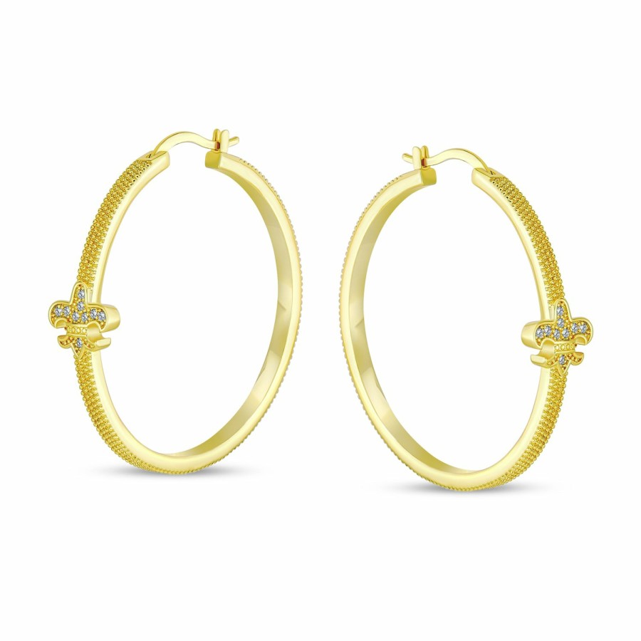 Shop Women Bling Jewelry Hoops Huggies Earrings | Fleur De Lis Textured Hoop Earrings Pave Cz Textured Gold Plated