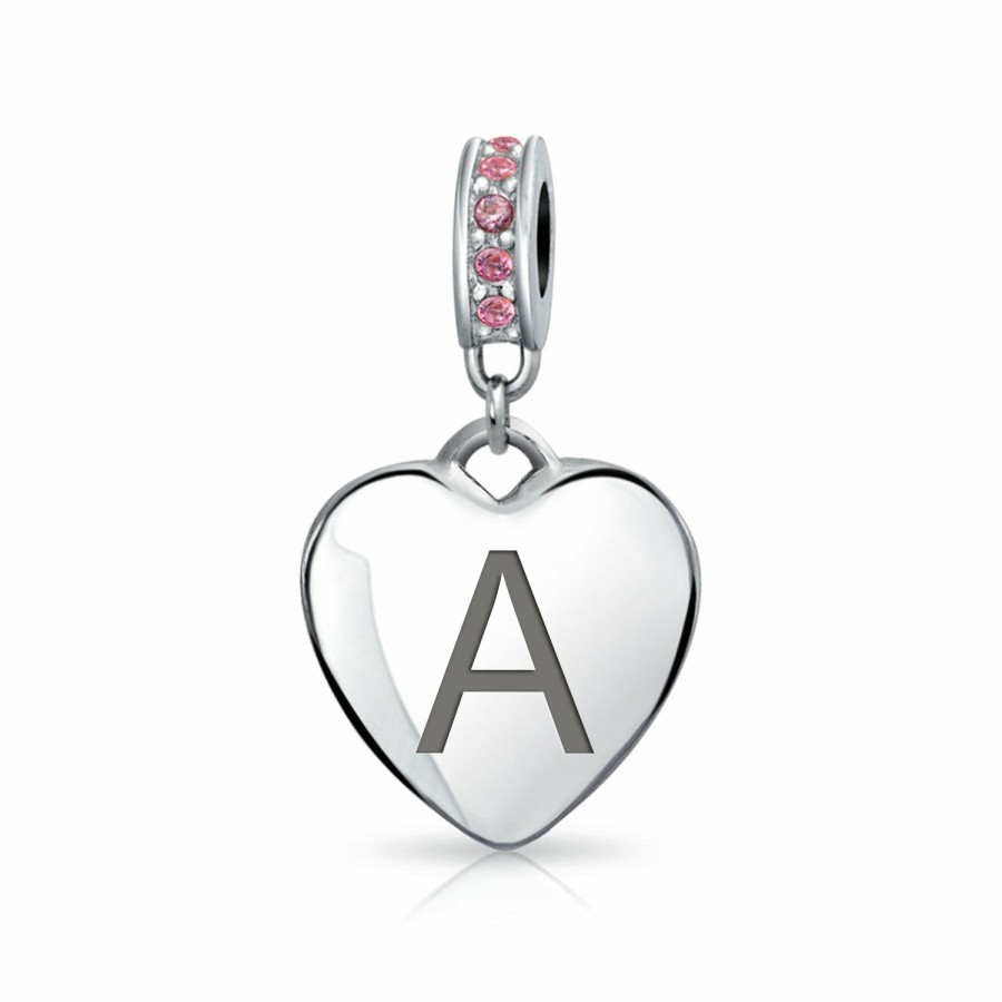 Shop Women Bling Jewelry Engravable Charms | Heart Dangle Bead Charm Crystal Pink October .925 Sterling Silver