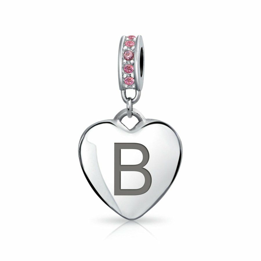 Shop Women Bling Jewelry Engravable Charms | Heart Dangle Bead Charm Crystal Pink October .925 Sterling Silver