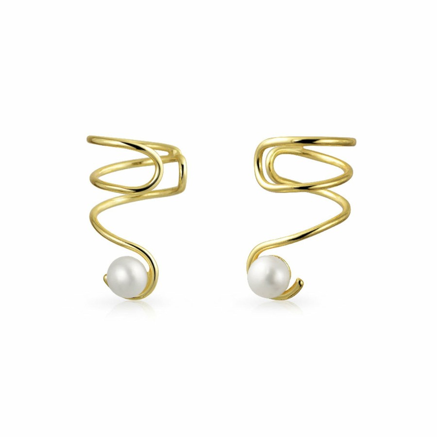 Shop Women Bling Jewelry Ear Cuffs, Cartilage Earrings | Spiral Freshwater Cultured Pearl Cartilage Earrings Gold Plated