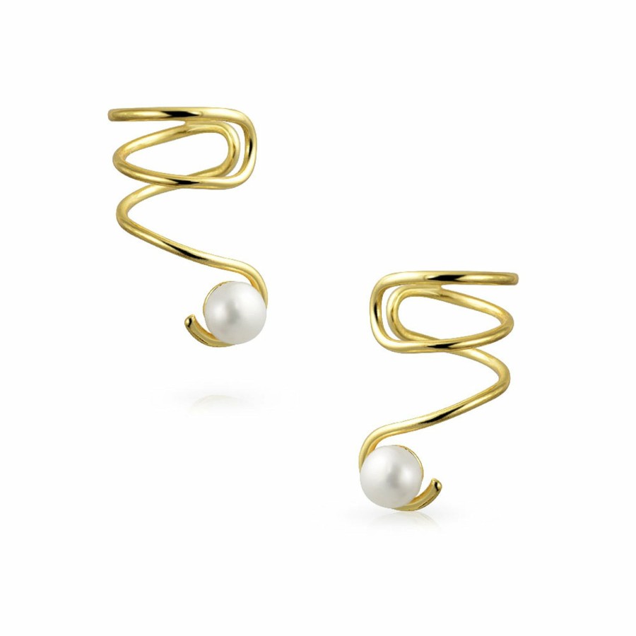 Shop Women Bling Jewelry Ear Cuffs, Cartilage Earrings | Spiral Freshwater Cultured Pearl Cartilage Earrings Gold Plated