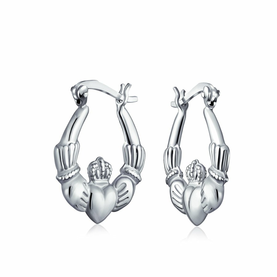 Shop Women Bling Jewelry Hoops Huggies Earrings | Bff Claddagh Celtic Friendship Heart Hoop Earrings .925 Sterling Silver