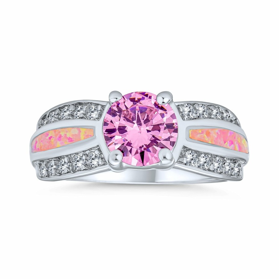 Shop Women Bling Jewelry Engagement Rings | Pink Created Opal Inlay Solitaire Engagement Ring .925 Sterling Silver