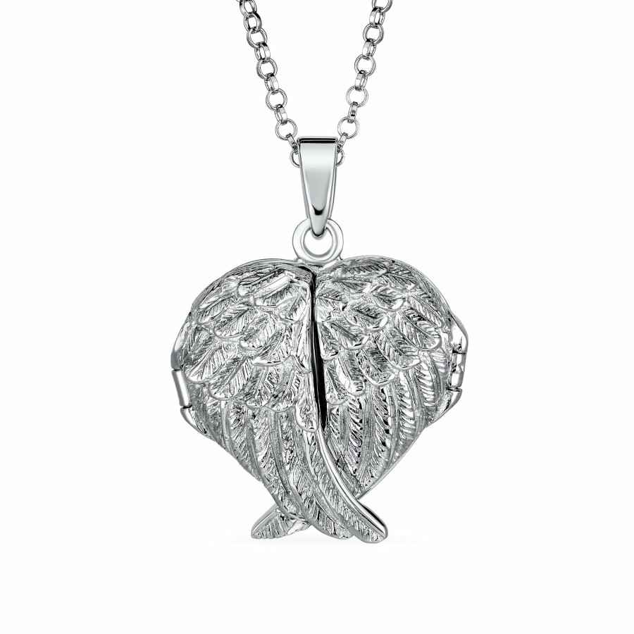 Shop Women Bling Jewelry Lockets | Guardian Angel Wing Feather Heart Photo Locket Pendant .925 Silver