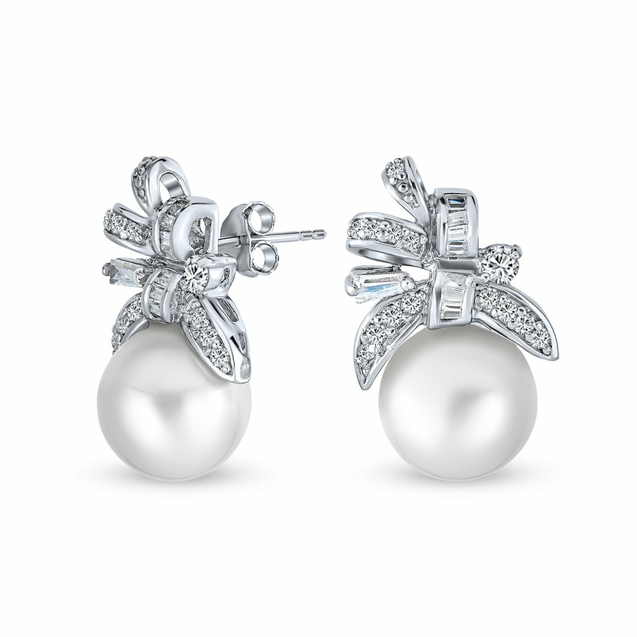 Shop Women Bling Jewelry Stud Earrings | Bridal Ribbon Cz White Stud Imitation Pearl Earrings Sterling Silver