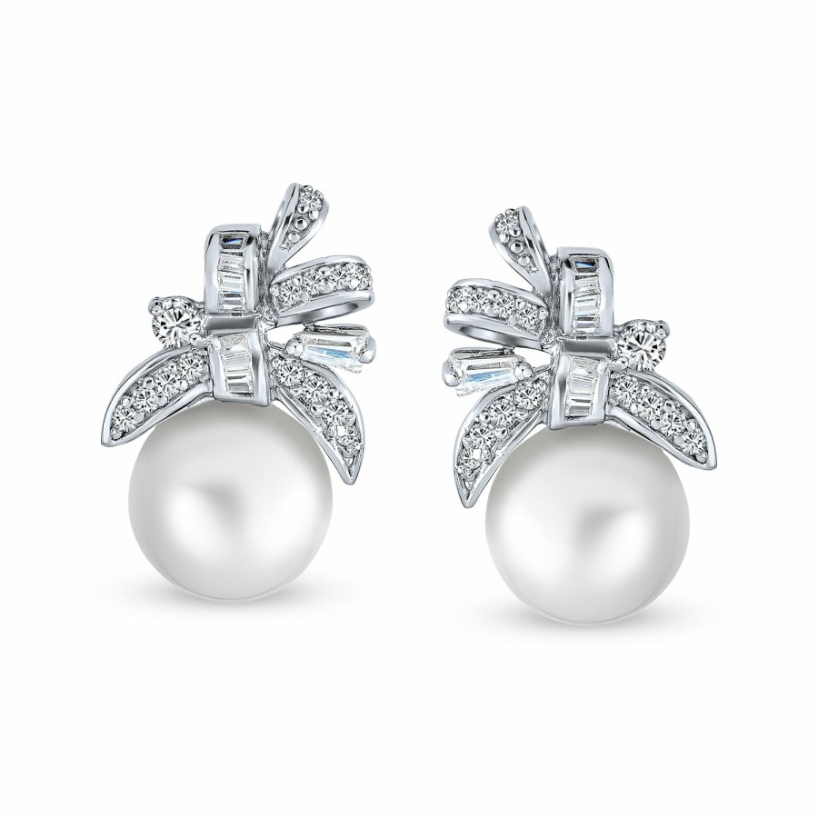 Shop Women Bling Jewelry Stud Earrings | Bridal Ribbon Cz White Stud Imitation Pearl Earrings Sterling Silver