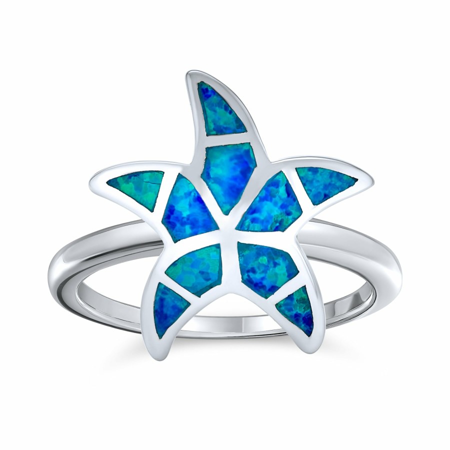 Shop Women Bling Jewelry Engravable Rings | Nautical Tropical Beach Blue Created Opal Inlay Starfish Ring Silver