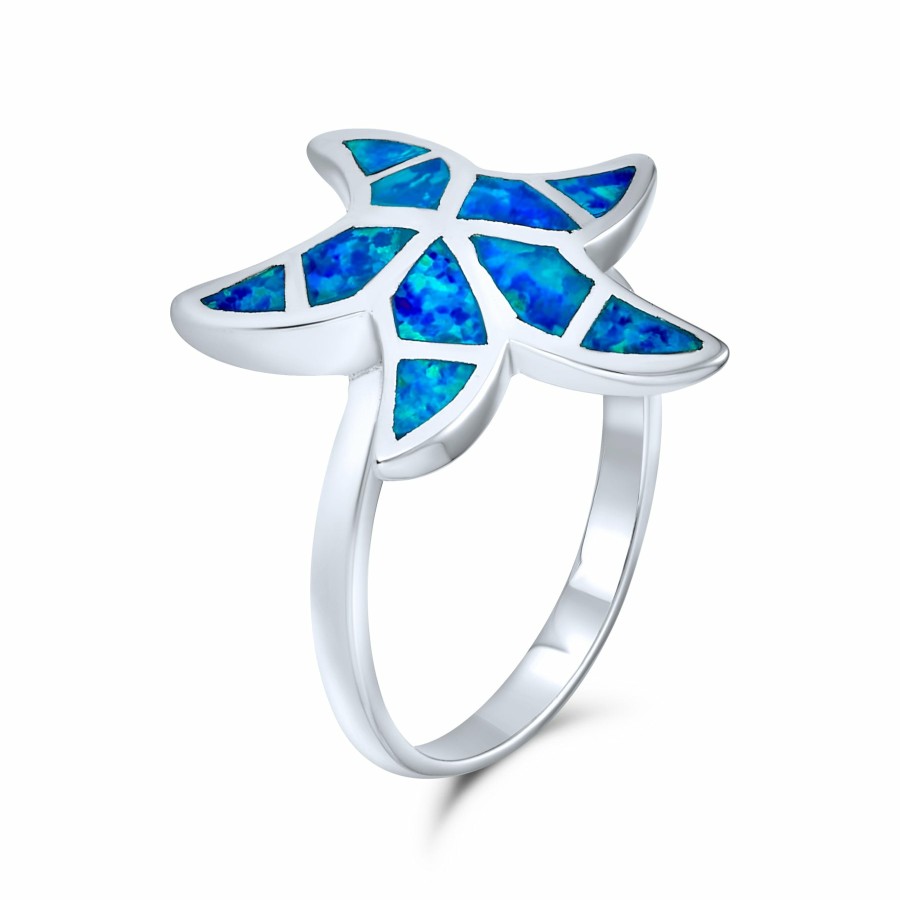 Shop Women Bling Jewelry Engravable Rings | Nautical Tropical Beach Blue Created Opal Inlay Starfish Ring Silver