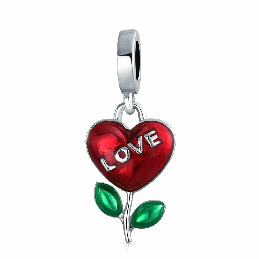 Shop Women Bling Jewelry Dangle Beads | Love Grows Flower Plant Red Heart Dangle Charm Bead Sterling Silver