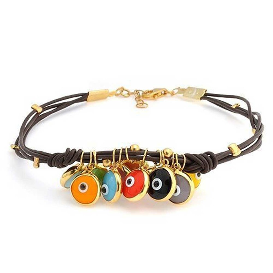 Shop Women Bling Jewelry Wrap Stretch Bracelets | Colorful Evil Eye Charms Cord Leather Bracelet Gold Plated Silver