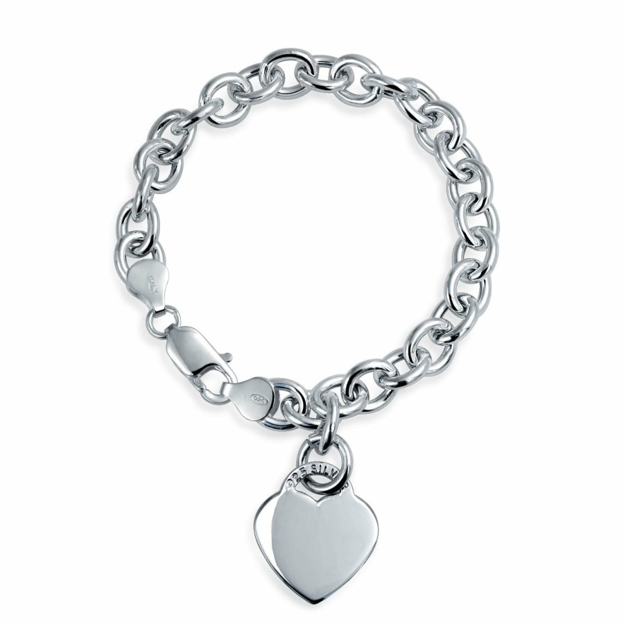 Shop Women Bling Jewelry Engravable Bracelets | Solid Heart Shape Charm Tag Bracelet Necklace .925 Sterling