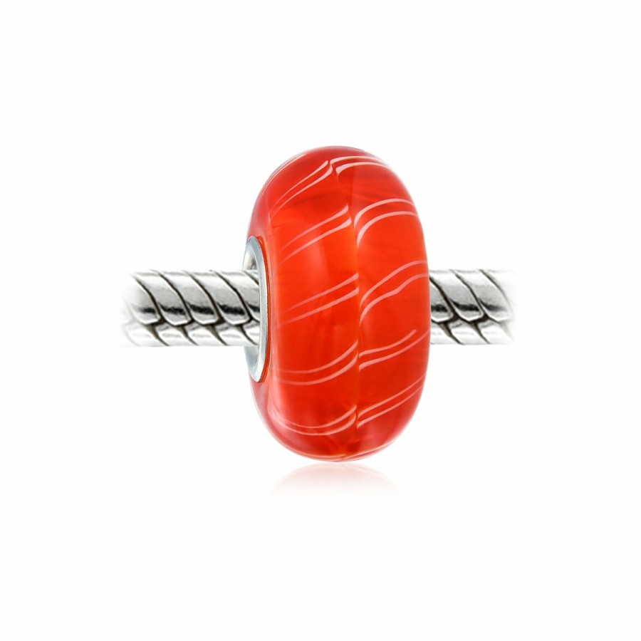 Shop Women Bling Jewelry Glass Crystal Beads | Orange Candy Cane Stripe Murano Glass Bead Charm .925 Sterling Silver