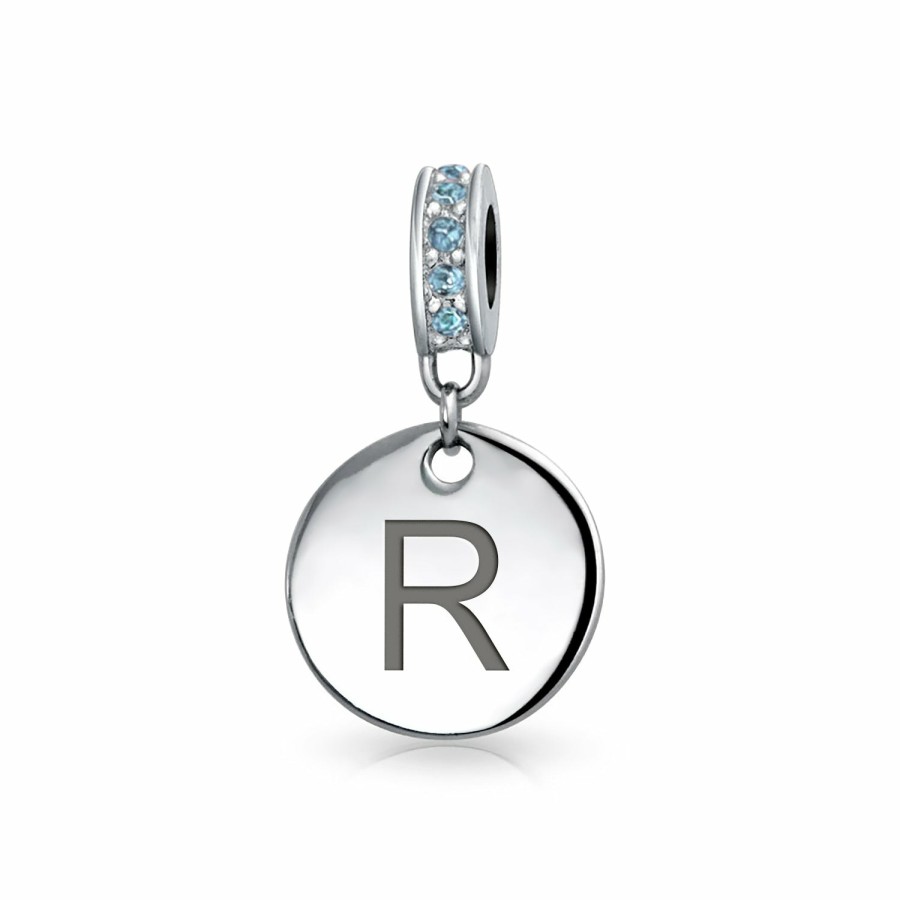 Shop Women Bling Jewelry Alphabet Beads | Blue Crystal Alphabet Initials Disc Dangle Circle Charm Bead .925 Silver