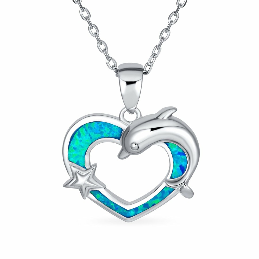 Shop Women Bling Jewelry Pendant Necklaces | Blue Opal Nautical Trio Heart Starfish Dolphin Pendant Necklace Silver