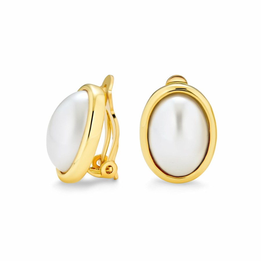 Shop Women Bling Jewelry Clip On Earrings | Oval Clip On White Imitation Pearl Earrings Cabochon Gold Plated