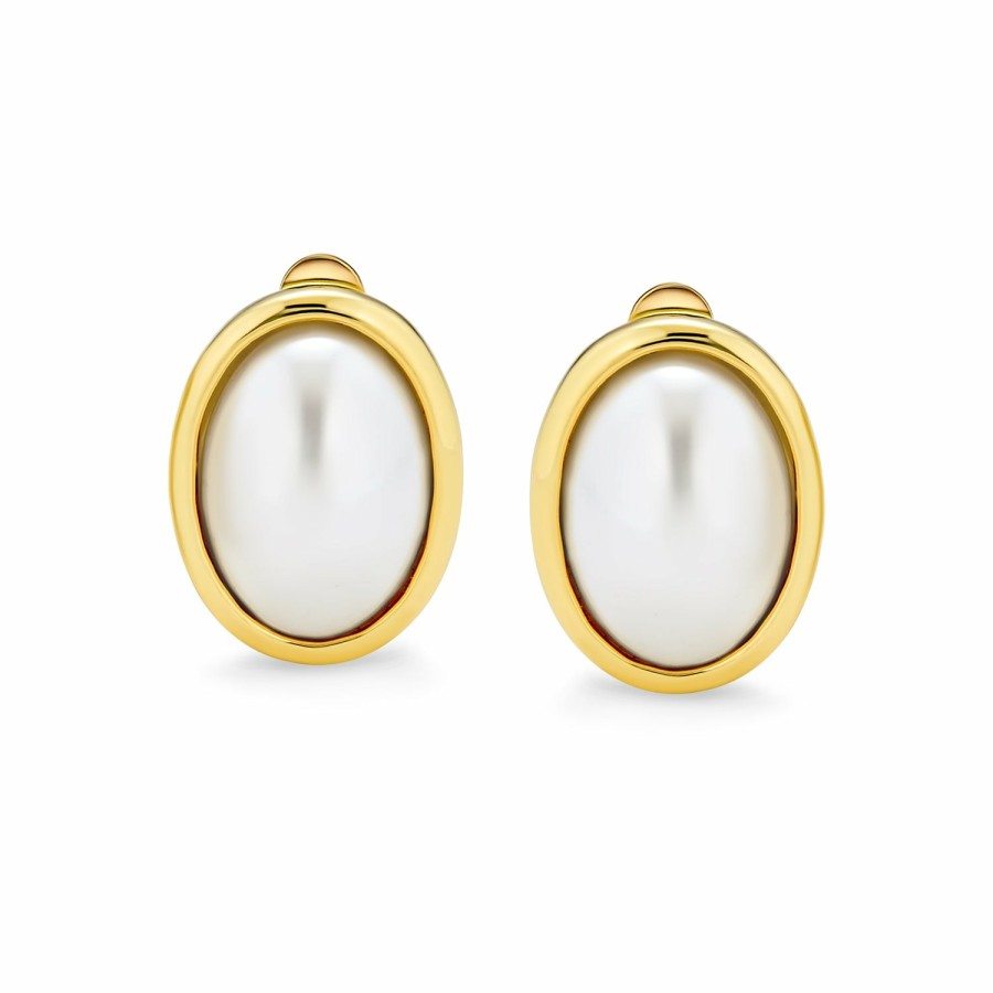 Shop Women Bling Jewelry Clip On Earrings | Oval Clip On White Imitation Pearl Earrings Cabochon Gold Plated