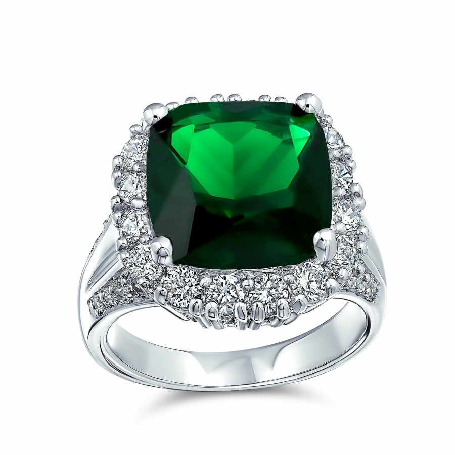 Shop Women Bling Jewelry Engravable Rings | 7Ct Solitaire Cz Imitation Emerald Statement Ring Silver Plated Green