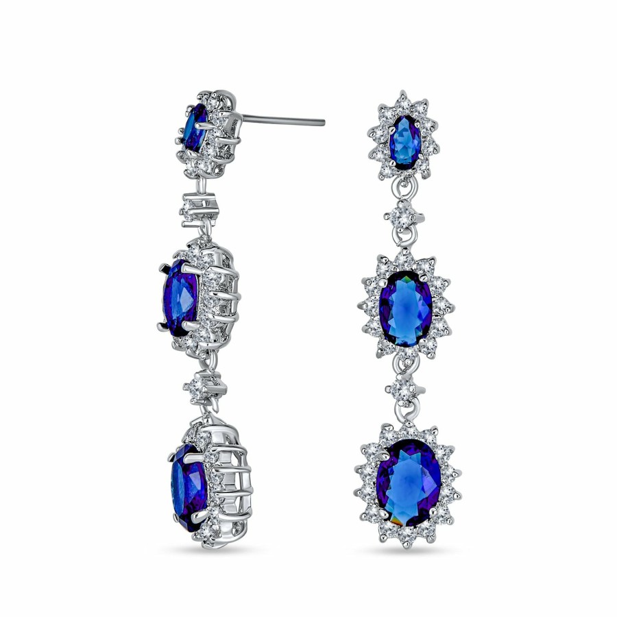 Shop Women Bling Jewelry Chandelier Earrings | Traditional Blue Triple Halo Aaa Cz Sapphire Chandelier Earrings Silver Plated