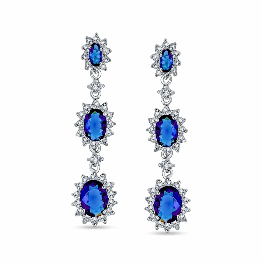 Shop Women Bling Jewelry Chandelier Earrings | Traditional Blue Triple Halo Aaa Cz Sapphire Chandelier Earrings Silver Plated